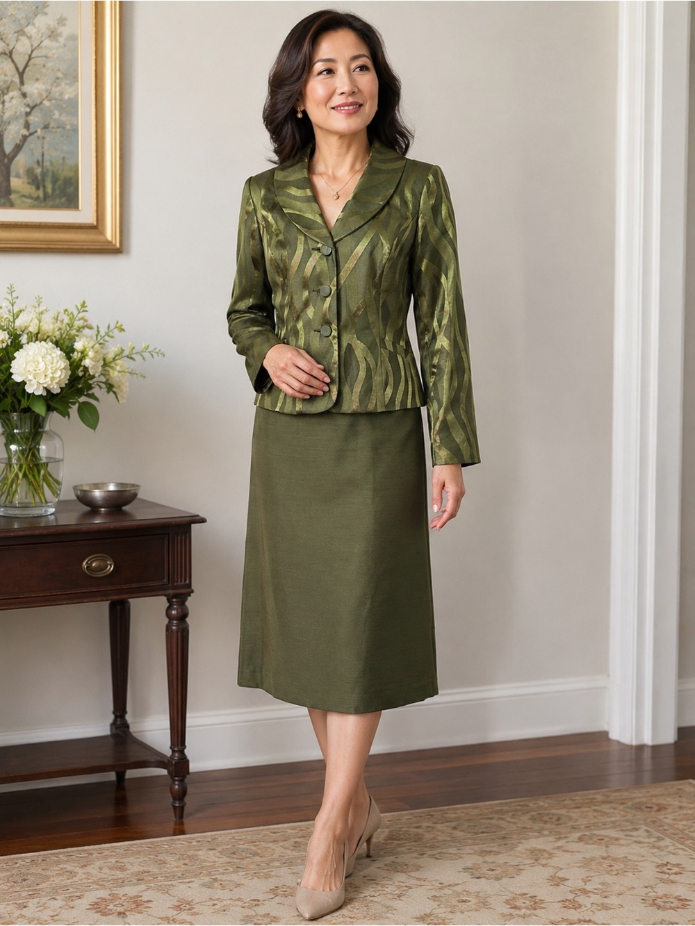 Isabella Green Shimmer Jacquard 2-Piece Skirt Suit Set Sz 8 Excellent Condition